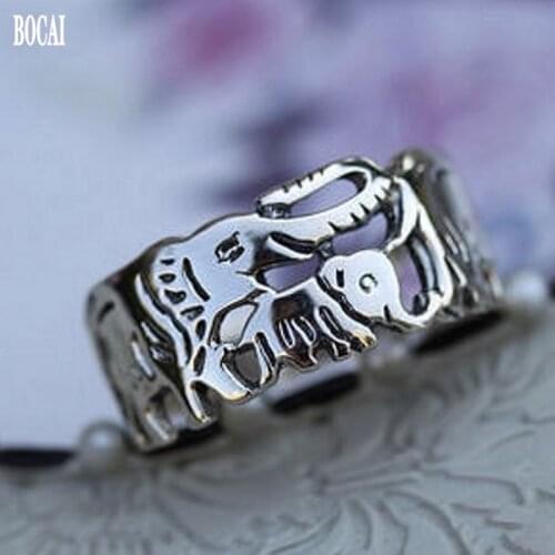 BOCAI 2020 New real s925 sterling silver ring for female Korean version engraved Thai silver baby elephant ring woman rings