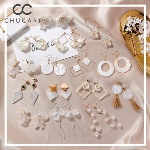 CHUCARI New Handmade Shell Petals Flower Geometric Round Matte Metal Long Earrings Love Ear Drop Earrings for Women Girl Part 1