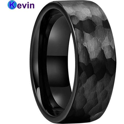 Black Wedding Ring Hammered Tungsten Carbide Ring For Men Women Multi-Faceted Hammered Brushed Finish 6MM 8MM Comfort Fit