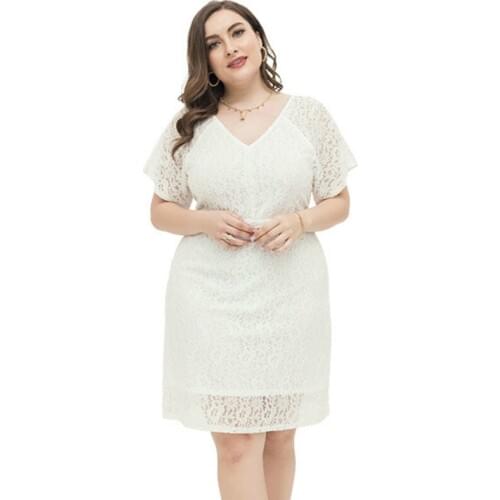 V-neck Short Sleeve High Waist Casual Lace Dress Women Clothing Plus Size Summer Tunic Beach Sundress White Sexy Boho Dress