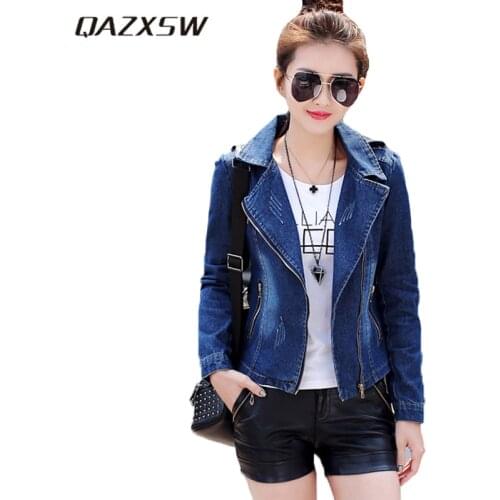 QAZXSW 2019 Spring Autumn Slim Denim Jacket Blue Turn-down Collar Short New Jeans Jacket Zipper Fashion Slim Suit Jacket YX8890