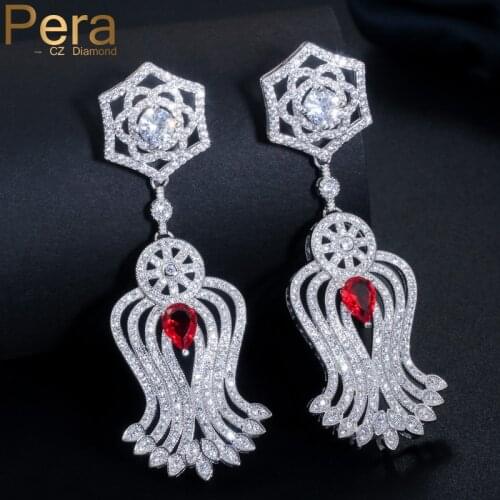 Pera 4 Color Choice European Style Big Red Stone Pave Women Party Elegant Long Tassel Dangle Drop Cubic Zirconia Earrings E260