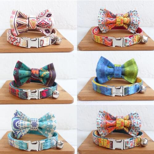 Puppy Kitten Cat Collar with Bowtie Bell Custom Personalized Engraving Adjustable Kitty Necklace Nylon Small Dog Collar for Cat