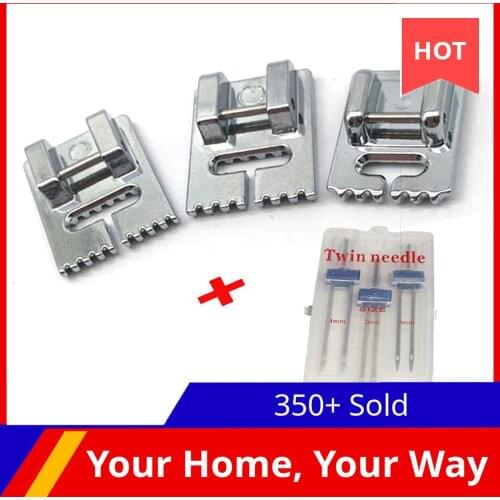HOT-3 Pcs Double Twin Needles Pins (3 Size Mixed 2.0/90 3.0/90 4.0/90) With 3Pcs Groove Pintuck Presser Foot Sewing Machine Ac