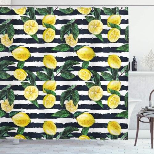 Modern Shower Curtain Refreshing Lemons on Horizontal Striped Background Exotic Artwork Bathroom Decor Set with Hooks 70" Long