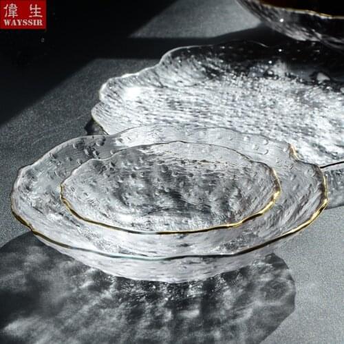 Ice design gold line glass salad bowl Cafe Restaurant Fruit Ice Drink Dish Household Tableware Soup Bowl Curved Rim Dinner Plate