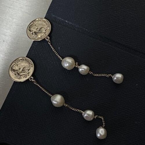 Baroque Vintage Coins Greek Girl Long String Pendant Pearl Round Face Earrings