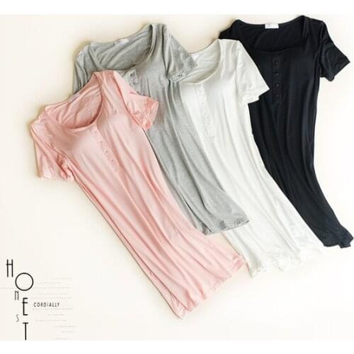 Women Nightgown Sleepwear with Chest Pads Button Home Clothes for Women Striped Nightwear Summer Modal Comfortable Night Dress