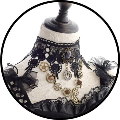 Women Girls Gothic Lolita NECKLACE CHIAN Retro Steampunk Gear Lace Slave Bracelet Wristband with Ring Costumes Party Supplies