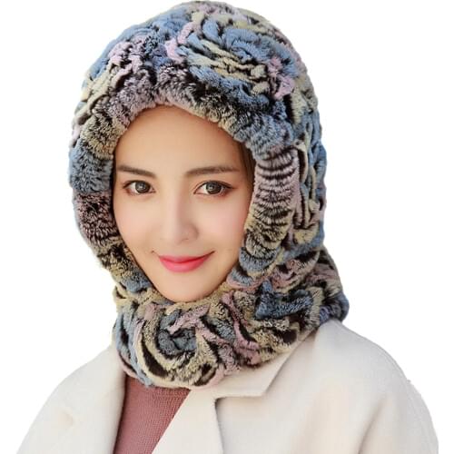 Women One-Pieces Hats and Scarf Real Rex Rabbit Fur Cap Winter Warm Neckerchiefs Handmade Fluffy Soft 3Colors