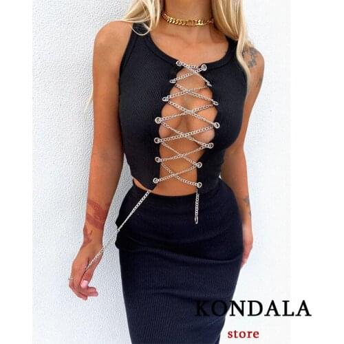 Za 2021 Fashion Streetwear Black Chain Vest Women Summer Hollow Out Sexy Sleeveless Vintage Tees Shirts Mujer Chic Crop Tops
