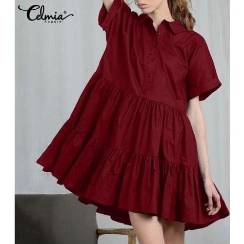 Women Short Sleeve Mini Dress Fashion Casual Loose Shirt Dress 2021 Celmia Summer Layered Stitching Cake Vestidos Pleated Robe