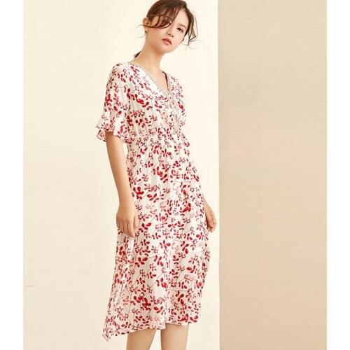 100% Silk Dress Women Printed V Neck Half Flare Sleeves Elastic Waist Irregular Hem Grade Fabric Elegant Summer New Fashion 2019