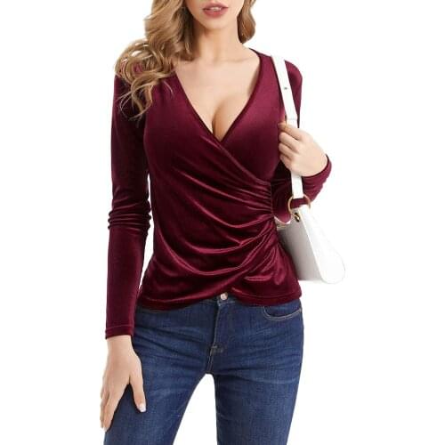 40#Women Velvet Blouse Deep V Neck Harajuku Long Sleeve Unique Shirts Cross Wrap Sexy Slim Fit Tee Top Elegant Blouses рубашка