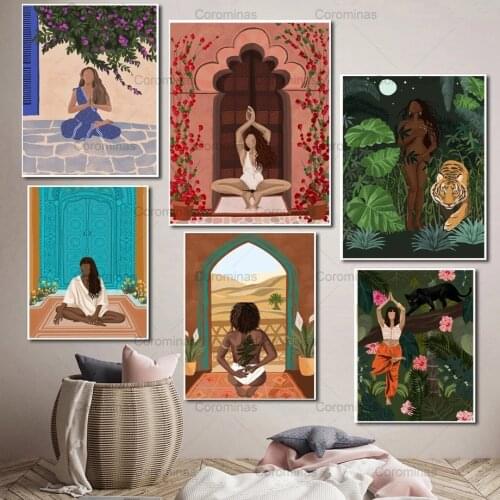 Abstract Fashion Girl Yoga Poster Home Decor Leopard Tiger Vintage Wall Art Modular Posters and Prints Canvas Painting Picture