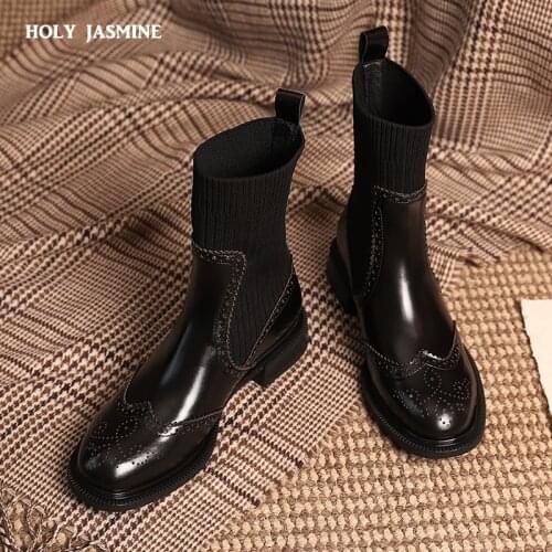 Genuine Cow Leather Chelsea Short Boots Womens Ankle Boots Ladies Brogue Retro Brock Womens Shoes Platform Shoes Boots Women