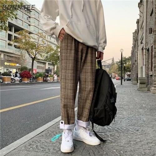 Casual Pants Women Large Size 3XL Thickening Plaid Elastic Waist Retro Loose All-match Daily Couples Straight Trousers Trendy