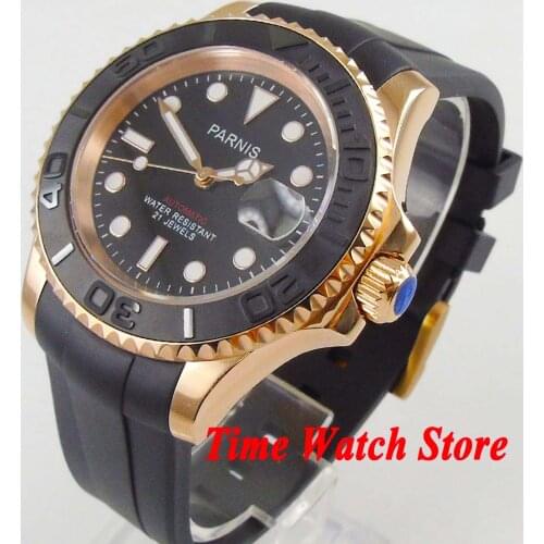 Parnis 41mm Miyota 8215 5ATM Atomatic wrist watch men Sapphire glass waterproof gold case date magnifier rubber strap