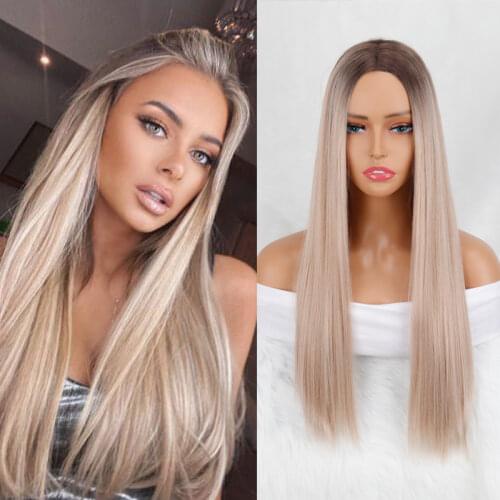 Linghang Ombre Blue Long Straight Synthetic Wig For Women Black Pink Blonde Wigs 24 Inch Cosplay Wig No Lace Gradient Color