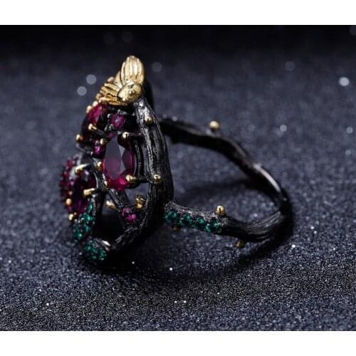 Gothic Faux Ruby Tree Branch Bee Women Finger Ring Party Banquet Jewelry Gift