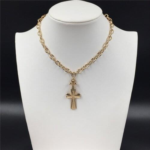Christian Thanksgiving day Gift Gold Color Plating Engraved Cross Pendant Necklace For Women Bohemia Lovely Chic Chunky Jewelry