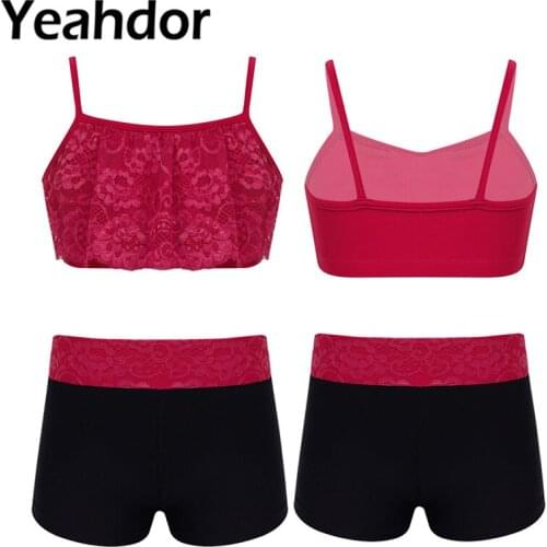 2PCS Girls Spaghetti Shoulder Straps Floral Lace Crop Top + Bottoms Set Girl Ballet Dance Gymnastics Workout KidsTankini Outfit
