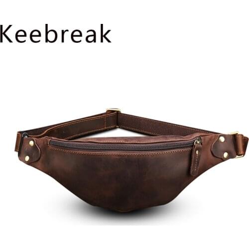 Keebreak Genuine Crazy Horse Leather Waist Packs For Men Vintage Travel Fanny Pack Belt Length Male Small Waist Bag Phone Pouch