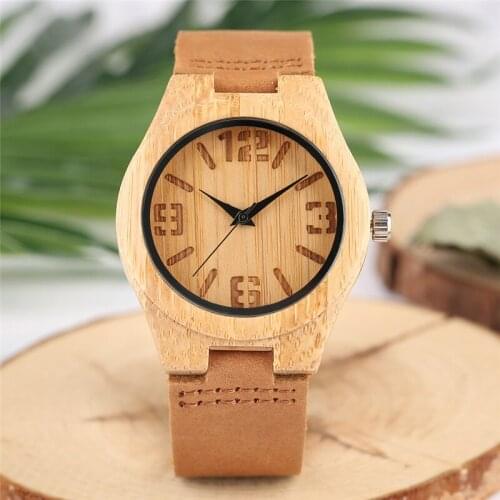 Lightweight Bamboo Wood Women Watch Engraving Print Numerals Dial Analog Simple Casual Genuine Leather Strap Clocks Wooden Gifts