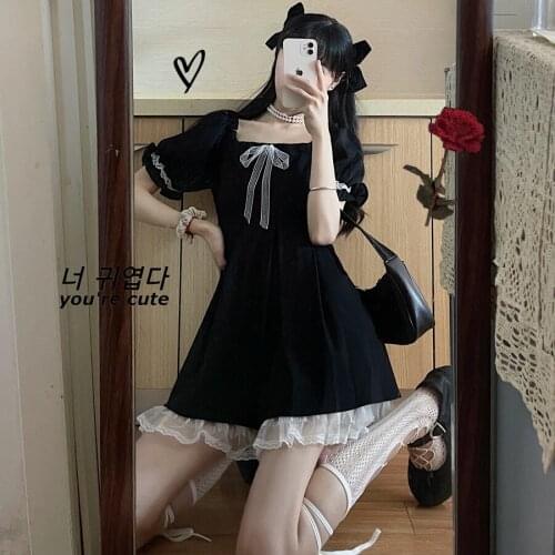 Summer Harajuku Gothic Lolita Dress Kawaii Black Short Sleeve College Style Lace Princess Dress Japanese Retro Slim Mini Dresses