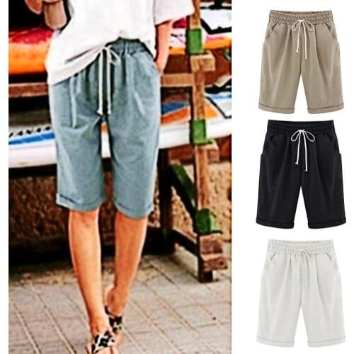 Summer Casual Women Shorts Solid Color Loose Summer Knee Length Pockets Shorts All-Purpose Style Office Lady Shorts for Sports