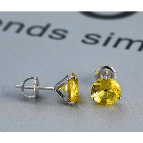 Cute Small Screw Back Stud Earrings Female 6/7/8mm Yellow Topaz Minimalist Earrings Real 925 Sterling Silver Earrings For Women