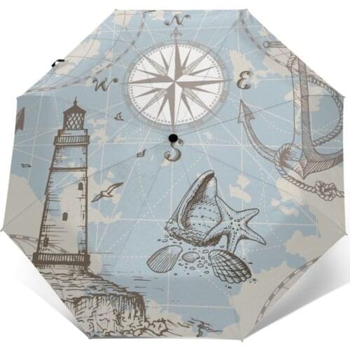 Nautical Map With Compass Lighthouse Anchor And Seashells Windproof Automatic Folding Inverted Umbrella Portable Paraguas