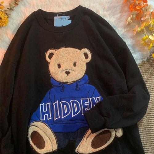 American New Hip Hop Streetwear Bear Embroidery Sweatshirt Oversized Kawaii Clothes for Teens 2021Autumn Harajuku Korean Fashion