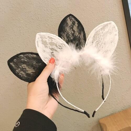 Hot Sale Cosplay Costume Feather Black Lace Hair Hoop Women Girls Fashion Cat Ears Hairpin Headbands Handmade Hair Accessories