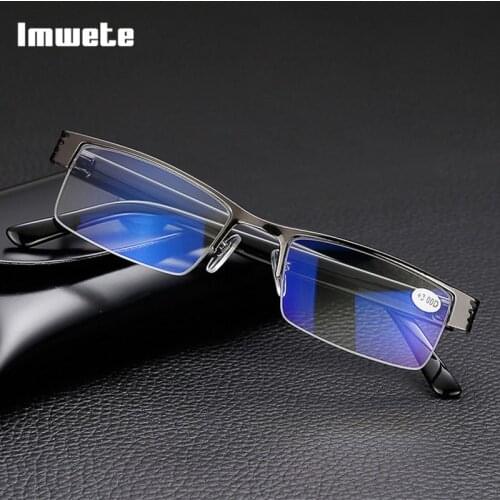 Imwete Men’s Reading Glasses Resin Blue Film Women Hyperopia Eyewear Half Frame Metal Presbyopic Spectacle +1.0 +2.0 +3.0 +4.0