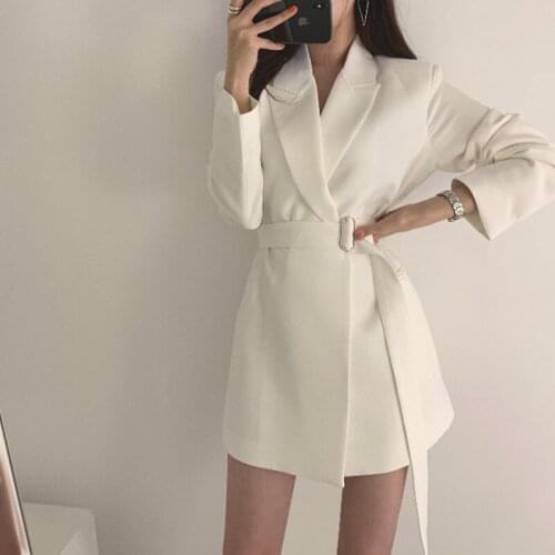 Autumn Winter New Women Black White Slim Blazer Belt Waisted Elegant Ladies Long Coat Fashion Jacket Suits Outfits Office Wear