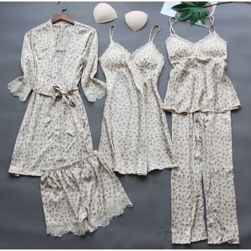 5PCS Leopard Pajamas Suit Spring New Lady Sleepwear Intimate Lingerie Satin Lace Sleep Set Nightwear Casual Home Clothing