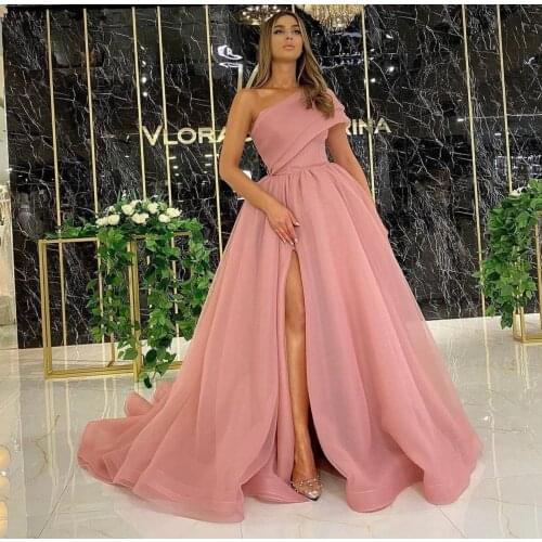 SuperKimJo Vestido De Mujer One Shoulder Pink Prom Dresses Long Tulle Simple Cheap Prom Gowns Abendkleider 2021