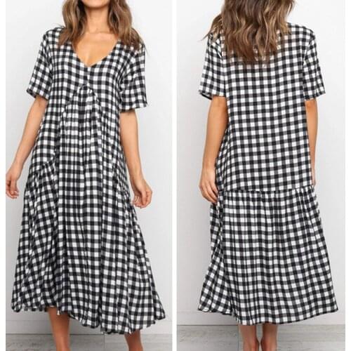 Spring summer cotton long dresses womens sexy v-neck short-sleeved plaid stitching dress long dress women loose fashion clothes