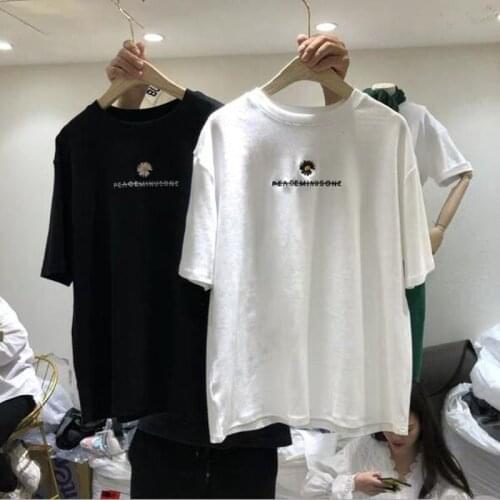 Simple Style T shirt Women Letters Embroidery Short Sleeve Round Neck Women Tops Cotton Spandex T-shirt Woman