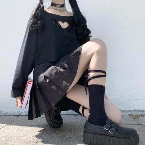 OLOMLB Loose Long Sleeved Womens T-Shirt Japanese School Style Hollow Up Tie Top Summer All Match Vintage Clothing For Girls