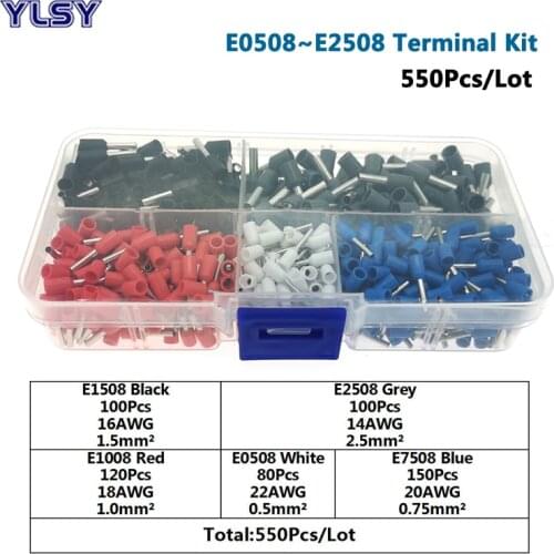 550Pcs Tube Insutated Cord End Electric Crimp Terminal Box Kit E0508~E2508 Wire Cable Connector Ferrules 22-14AWG 0.5-2.5mm2