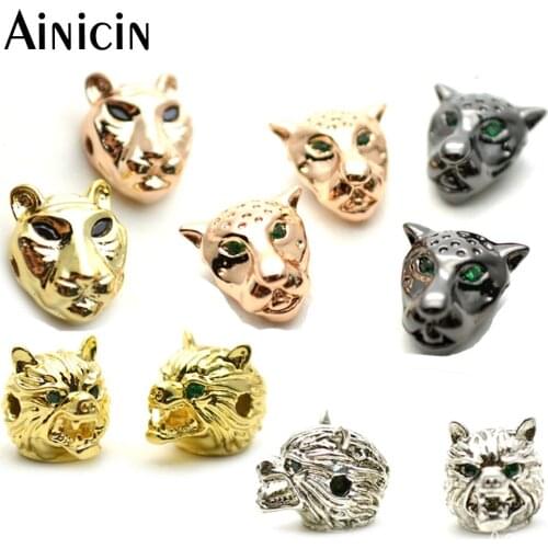Wolf Tiger Leopard Animal Heads Rose Gold Silver Plating Copper Loose Beads Fashion Bracelets Making Findings 20pcs/lot