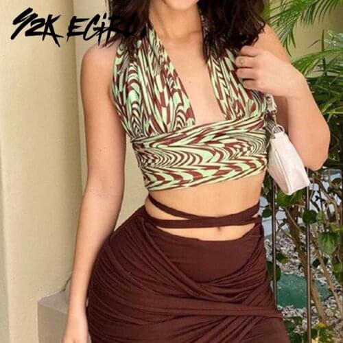 Y2K EGIRL Sexy Backless Deep V Ripple Print Halter Tops 90s Vintage Clubwear Ruched Sleeveless Y2K Crop Tops Summer Party Vests