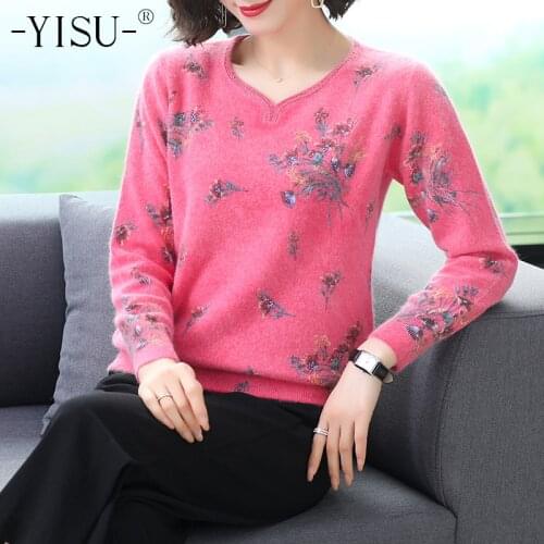 YISU Women Knitted Sweater Autumn Winter Fashion Female Pullover Sweaters Ladies Loose Knitwear Printed sweater jumper Women