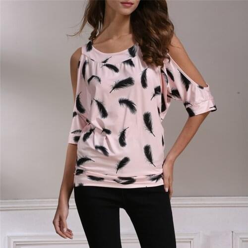 New Pink Casual Feather Print Women Tops And Blouses Summer O-Neck Hollow Out Short Sleeve With Four Colors Sweet Women Blouse