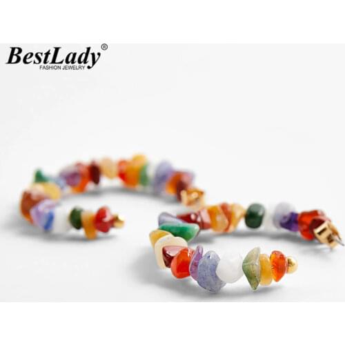 Best Lady Summer Holiday ZA Nature Stone Hoop Earring for Women Bohemian Colorful Big Round C-Shape Stud Earrings Jewelry Party