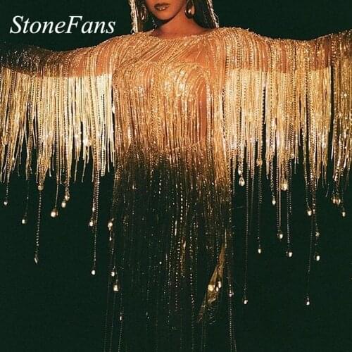 Stonefans New Tassel Robe Femme Sexy Lingerie Rhinestone Bikini Shoulder Chain Pendant Clothing Rave Dresses Shirt Women Fashion