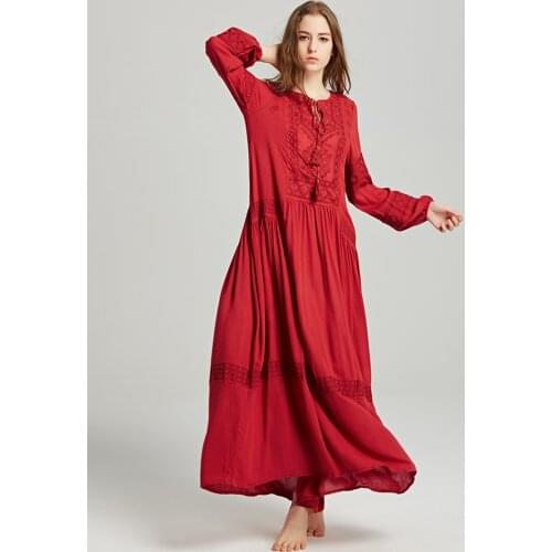 White Embroidery Chic Maxi Dress Women Long Sleeve V neck Lace Up Loose Summer Clothes Beach Hippie Boho Vintage Long Dress