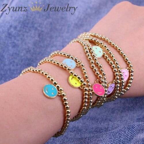 10PCS, Gold Beads Bracelet Enamel Colorful Smiley Stretch Bracelet Fashion Rainbow Beaded Bracelet For Girl Gift Party